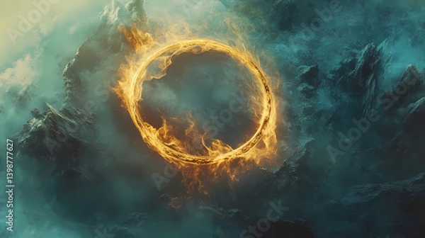 Obraz Ethereal mist swirls around glinting metal ring, mist, swirling, mystic. Luminous Metal. Illustration