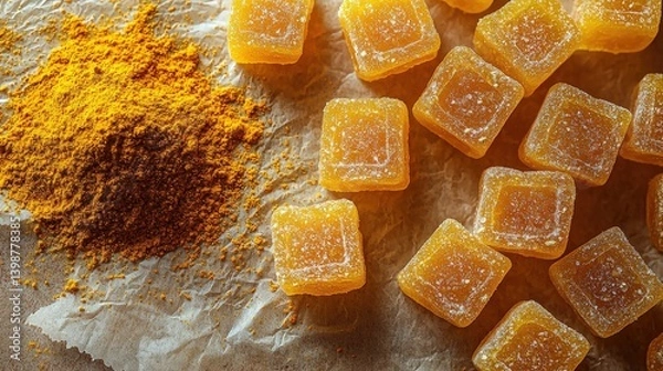 Fototapeta Turmeric gummies and powdered turmeric create a vibrant yellow-orange composition
