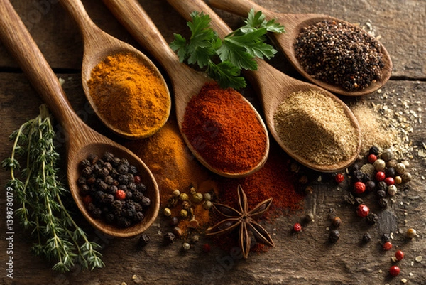 Fototapeta Wooden spoons filled with assorted spices on rustic wooden background Spilled spices surround the spoons, showcasing a variety of colors and textures, representing culinary diversity and flavor
