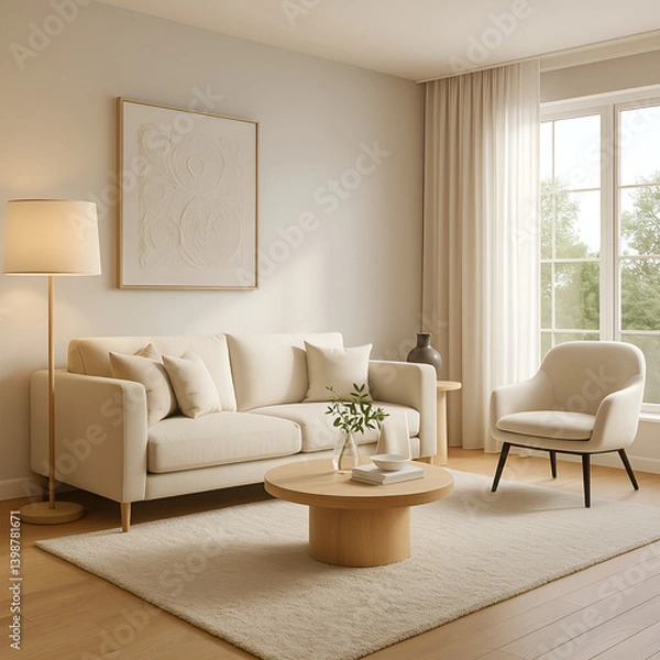 Fototapeta Modern Scandinavian Living Room with Natural Light and Minimalist Decor – 3D Render