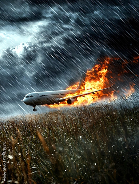 Obraz A plane ablaze crashes into a field during a torrential rainstorm under a dramatically dark and stormy sky.