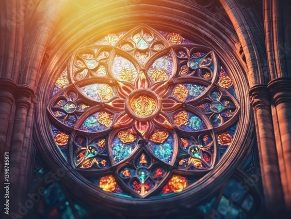 Fototapeta Colorful circular stained glass window with intricate floral patterns and textured stone border. Golden light filtering through.