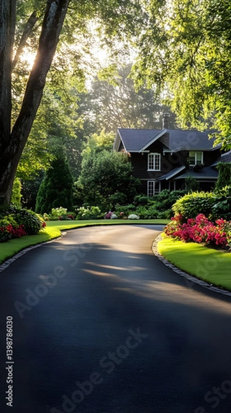 Obraz Serene Suburban Driveway Leading to a Charming Home Enhanced by Lush Greenery and Vibrant Flowers
