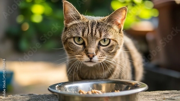 Fototapeta A tabby cat stares intently at a silver bowl filled with food outdoors in natural light setting