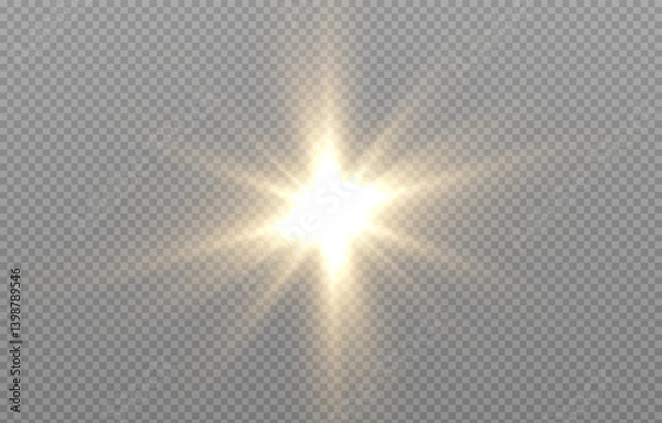 Fototapeta Vector light on isolated transparent background. Sun, rays of light png. Magic glow, golden light png.