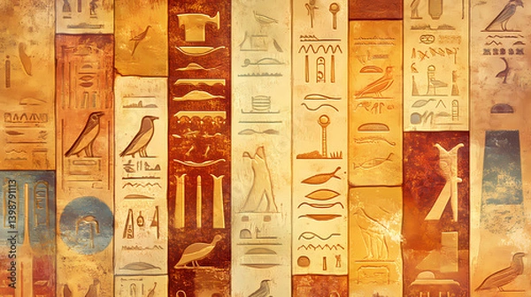 Fototapeta Mystical egyptian hieroglyphs: ancient symbols, intricate script, sandstone, gold, pharaohs. Transcendent Script. Illustration
