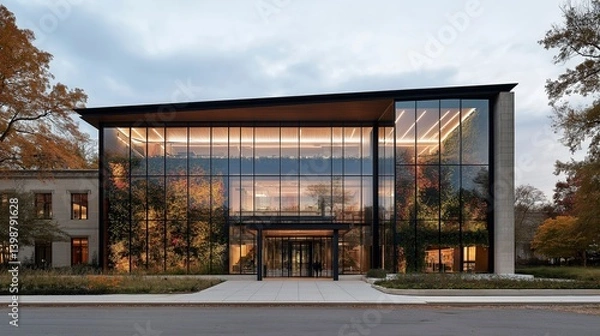 Fototapeta Innovative architectural marvel stands proudly amidst autumn foliage at sunset in a tranquil urban landscape Generative AI