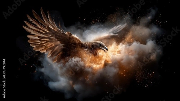 Fototapeta Majestic eagle soaring through a cloud of golden smoke in the depths of twilight Generative AI