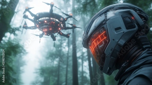 Obraz Mysterious encounter in the forest with a futuristic drone and a sci-fi explorer at dawn Generative AI
