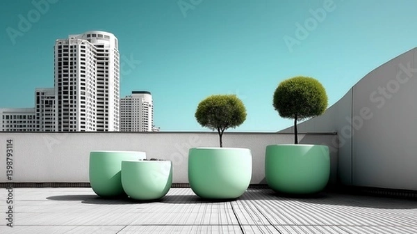 Fototapeta Lush greenery in modern planters on a rooftop against an urban skyline during bright afternoon light Generative AI