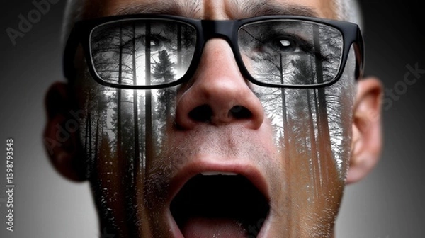 Fototapeta Expressing inner turmoil through reflection of trees in glasses during a contemplative moment in a dimly lit environment Generative AI