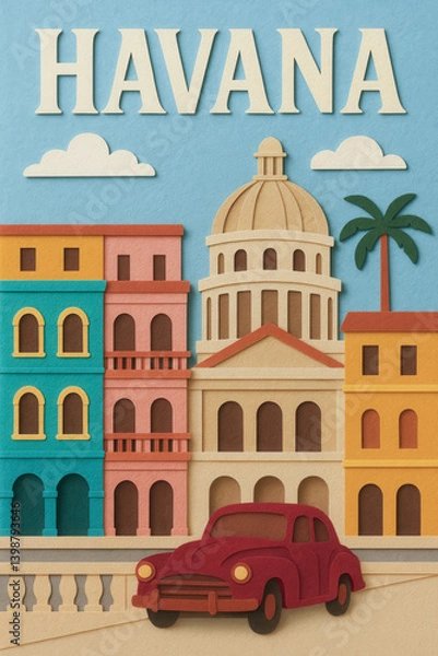 Fototapeta Colorful paper art of Havana with vintage car and historic architecture