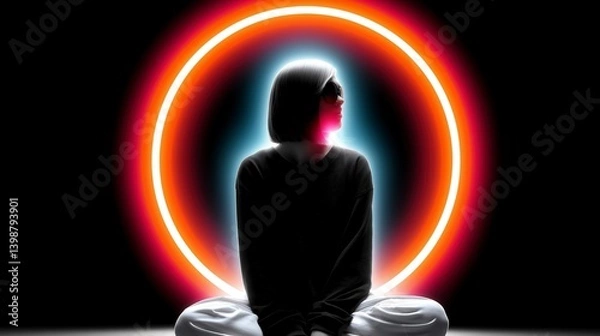 Fototapeta Meditative embrace of light surrounded by vibrant glowing energy in a dark backdrop Generative AI
