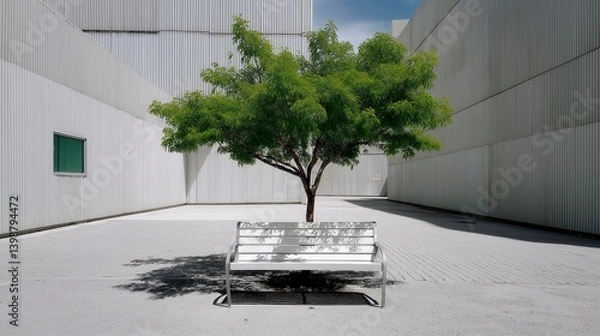 Fototapeta Solitary tree and bench create a serene outdoor oasis amid modern architecture in the heart of the city Generative AI