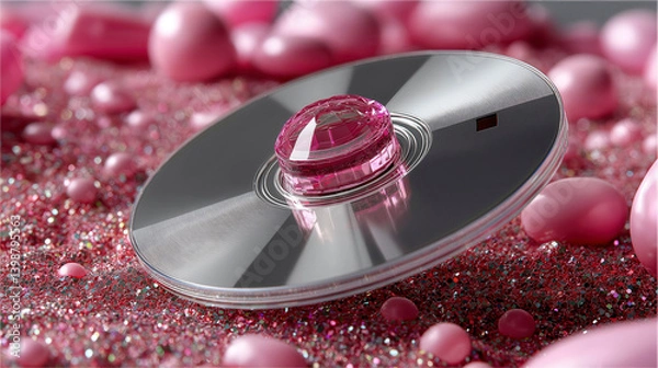Fototapeta Sparkling jewel disc surrounded by pink pearls and glitter fills the space with whimsy and elegance at a creative workspace Generative AI