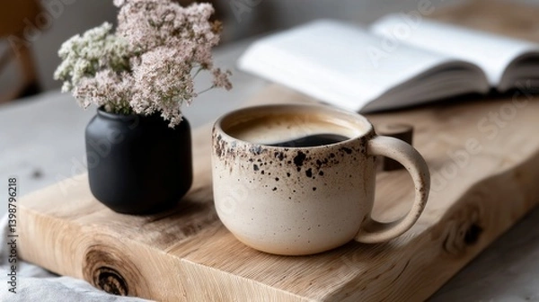 Fototapeta Cozy morning ritual featuring steaming coffee, open book, and delicate flowers on a rustic wooden tabletop Generative AI