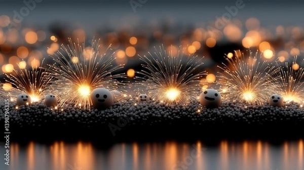 Fototapeta Magical display of playful characters amidst shimmering sparks and glowing lights in a nighttime celebration Generative AI