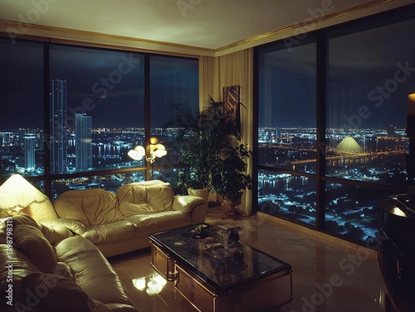 Fototapeta A high definition image of 1980’s interior decor in a Miami high rise apartment at night with floor to ceiling windows show Miami far below lit up
