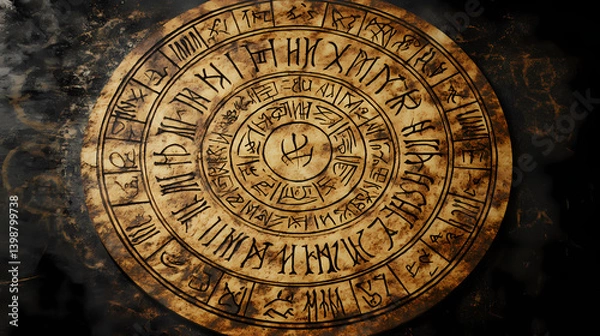 Fototapeta Circular sacred talisman with ancient runes and unknown drawings. aetherial inscription. illustration. Sacred Runes. Illustration