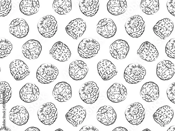 Fototapeta Hand-drawn seamless raspberry pattern. Black and white sketch fruit background. Vintage berry illustration for fabric, wrapping paper, packaging, or kitchen decor.