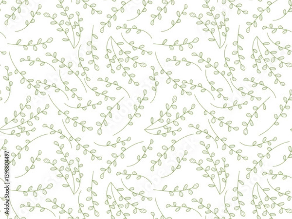 Fototapeta Seamless pattern featuring delicate green branches with leaves on a crisp white background. Ideal for textiles, packaging, digital projects, and design work, adding a fresh and natural touch to your.