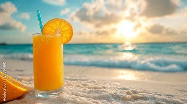 Fototapeta Orange juice with straw and slice on beach at sunset with ocean waves and cloudy sky view image