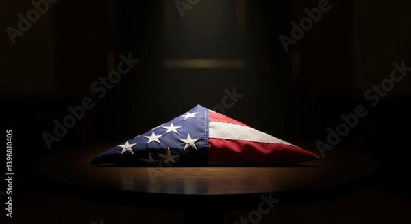 Fototapeta American flag displayed in a respectful arrangement on a table  