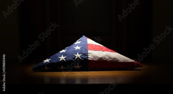Obraz American flag draped in triangular shape on dark background  