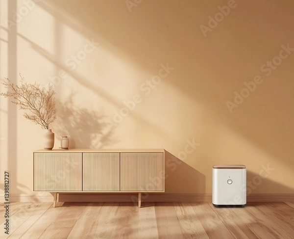 Fototapeta 3D rendering of a living room interior design with a beige wall and wooden floor, a long sideboard on the left wall, and an air purifier in front of it