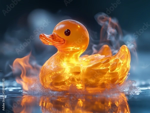 Fototapeta Macro Shot of a Rubber Duck Engulfed in Flames in Water