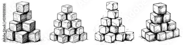 Fototapeta Stacked wooden blocks arranged in pyramid shapes on a flat surface during a creative play session in a bright room