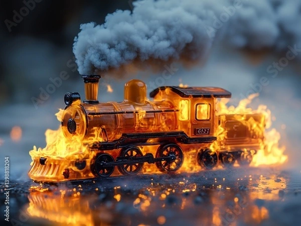 Obraz Bright Flames Engulf Burning Plastic Train Model in Dramatic Display