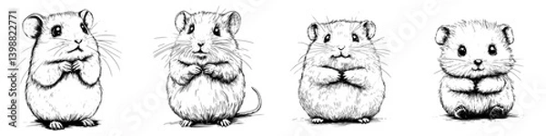 Fototapeta Four adorable hamsters displaying different poses and expressions in a playful arrangement