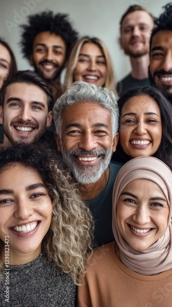 Fototapeta A diverse group of people smiling brightly, radiating happiness and a sense of community spirit.