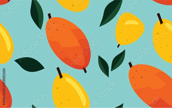 Fototapeta Mango and Pear Pattern. Playful pattern with stylized mangoes, pears, and leaves on a light blue background.