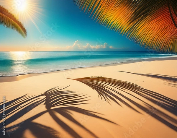 Fototapeta coconut leaf shadow on beach under warm sunlight generative ai