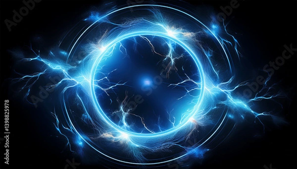 Fototapeta abstract blue lightning circle on black backdrop magic round shape