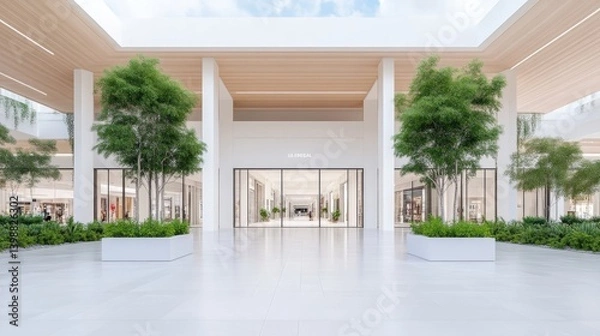 Obraz Modern retail plaza with lush landscaping. Open-air shopping center with a minimalist design.  Spacious interior courtyard, with greenery and light-filled retail spaces