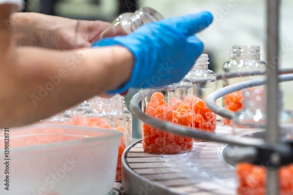 Fototapeta Pharmaceutical employee on an industrial quality control ckecking the production of nutritional gummies on the factory