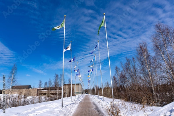 Fototapeta A footpath lined with flags under a blue sky in winter in Yellowknife, Northwest Territories, Canada