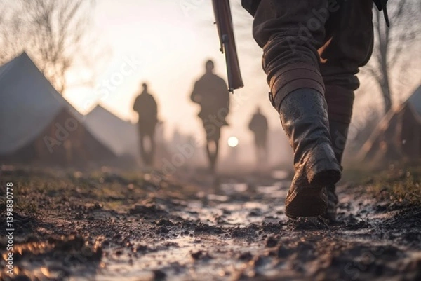 Obraz People walking boots mud tents field group men uniform soldiers