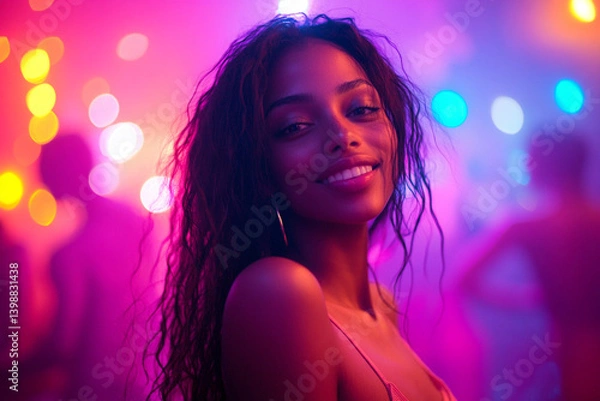 Obraz Young woman enjoying vibrant nightlife in colorful setting