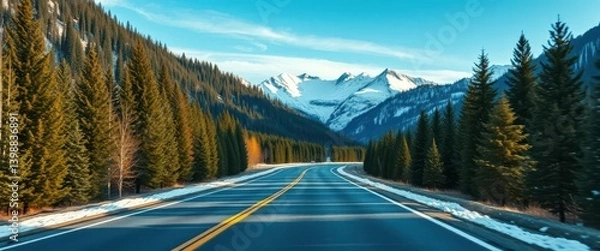 Obraz Winding road disappears into snowy mountains through a tunnel of trees, picturesque, alps, tunnel
