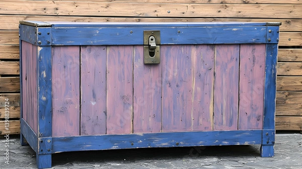 Obraz Rustic wooden chest, painted purple and blue, sits against wood wall; storage, decor