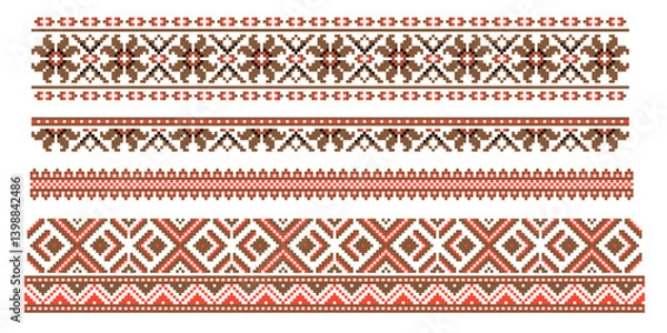 Fototapeta Slavic ornaments, pixelated representation of traditional clothing patterns.. Repeating patterns in red and white colors.