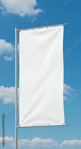 Fototapeta Blank white banner on a flagpole against blue sky