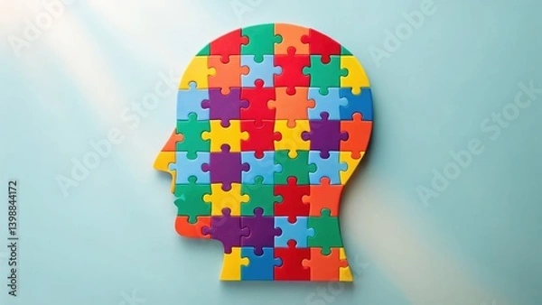 Fototapeta Mental Health Awareness concept. A colorful puzzle piece silhouette representing the complexity of the human mind and creative thinking.
