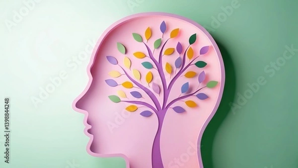Fototapeta Mental Health Awareness concept. A vibrant representation of a human head silhouette with a flourishing tree symbolizing growth and creativity.