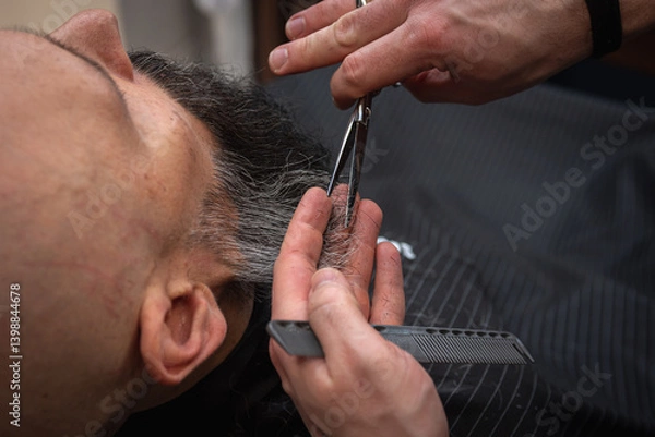 Fototapeta Close-up of a barber trimming a beard with electric clippers in a modern barbershop. Professional men's grooming and beard care service, selective focus