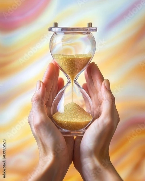 Fototapeta Golden hourglass time passing in gentle hands, abstract background